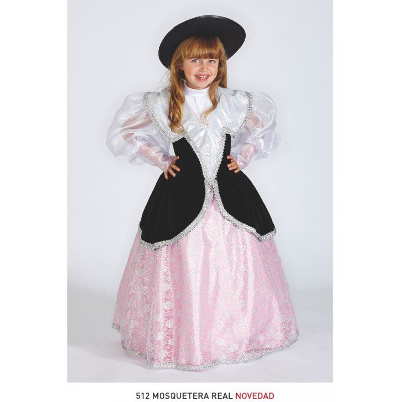 Disfraz de mosquetera real: vestido blanco y rosa con sombrero negro, niña