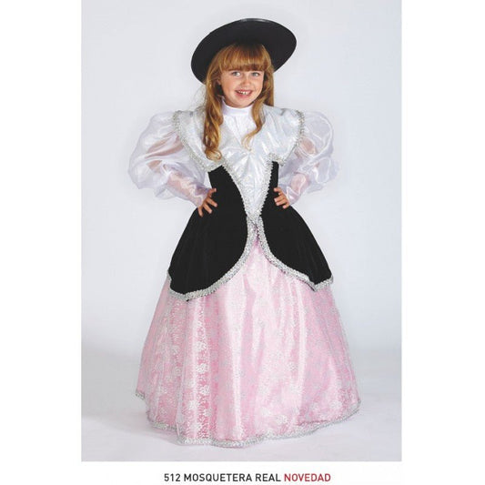 Disfraz de mosquetera real: vestido blanco y rosa con sombrero negro, niña