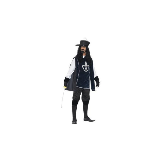 Disfraz de mosquetero: sombrero negro, casaca azul con flor de lis, camisa blanca