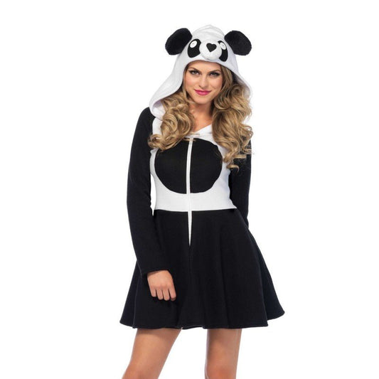 Disfraz de oso panda para mujer con capucha blanca y vestido negro con tiras
