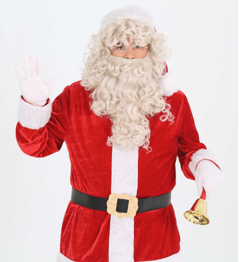 Disfraz de Papa Noel rojo con chaqueta y pantalón, ribete blanco y cinturón con hebilla