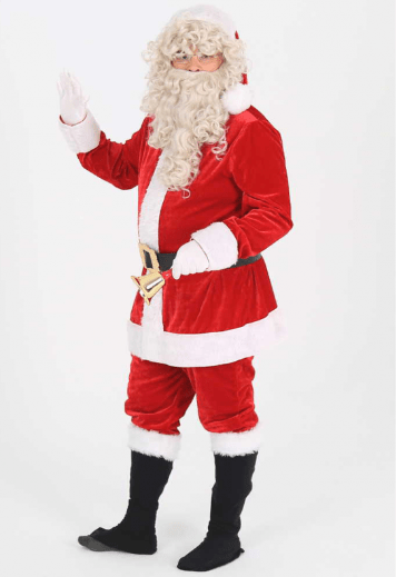 Disfraz de Papa Noel rojo con gorro y peluche blanco, cinturón y botas negras, campana
