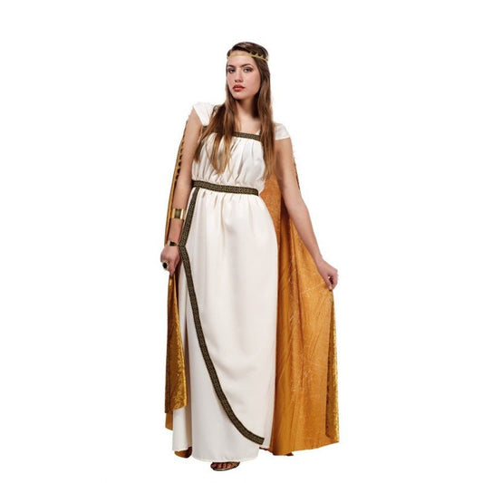 Disfraz romano para mujer: vestido blanco largo con cinturón y capa dorada