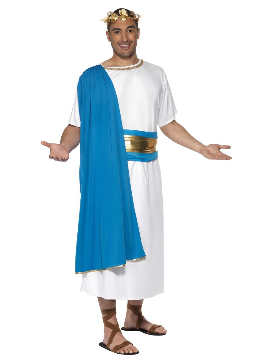 Disfraz de romano: túnica blanca con capa azul y cinturón dorado, sandalias y corona.