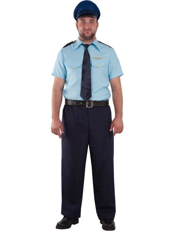 Disfraz de piloto de aviación: camisa azul, corbata, pantalón oscuro y gorra