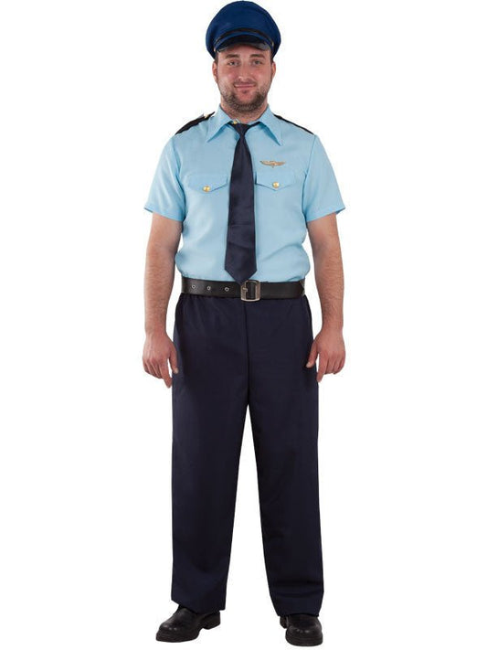 Disfraz de piloto de aviación: camisa azul, corbata, pantalón oscuro y gorra