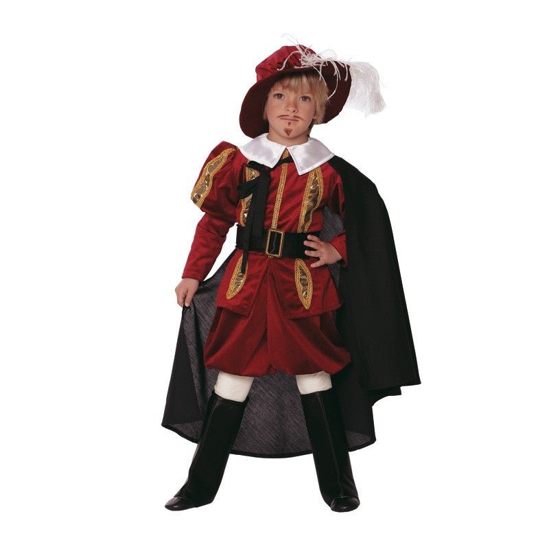 Disfraz de príncipe infantil: casaca roja, capa negra, cuello blanco y sombrero con pluma