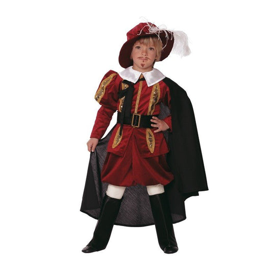 Disfraz de príncipe infantil: casaca roja, capa negra, cuello blanco y sombrero con pluma
