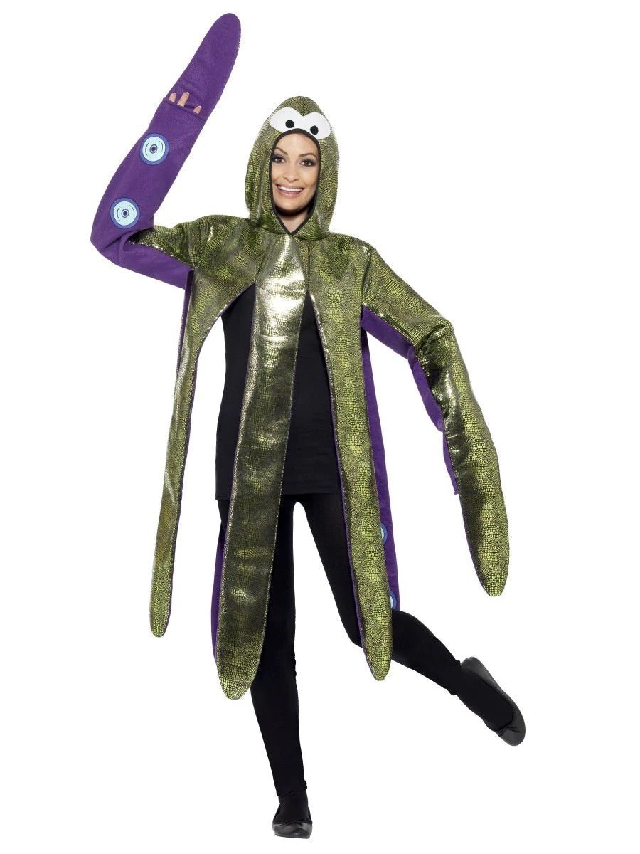 Disfraz de pulpo unisex con capucha: capa verde metalizada y tentáculos morados