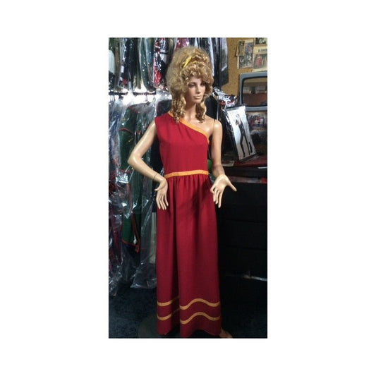 Disfraz de Romana: vestido rojo largo sin mangas con ribetes dorados