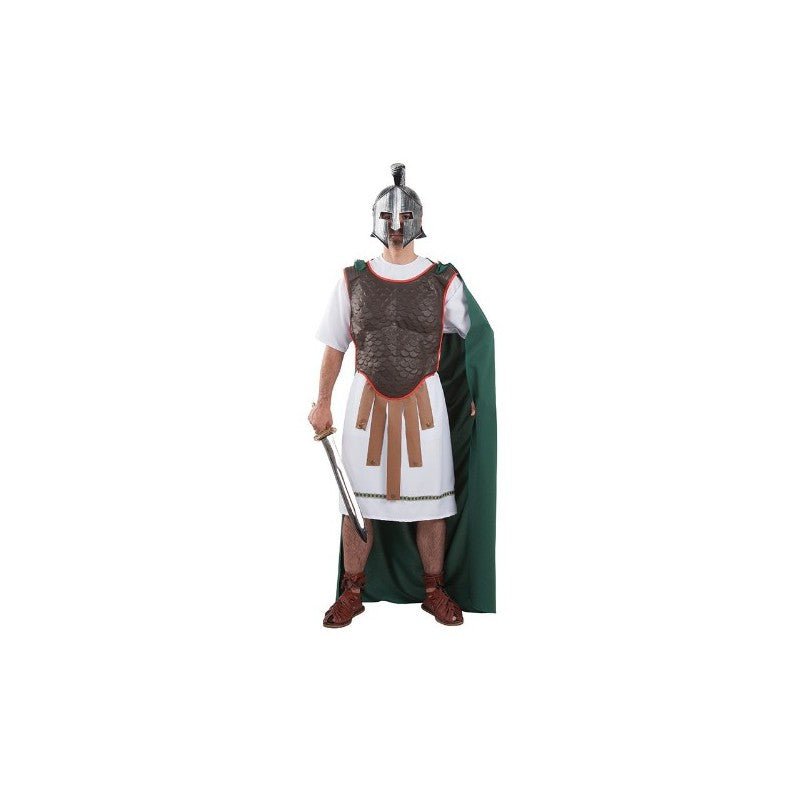 Disfraz de centurión romano con coraza en el pecho, falda corta y casco metálico