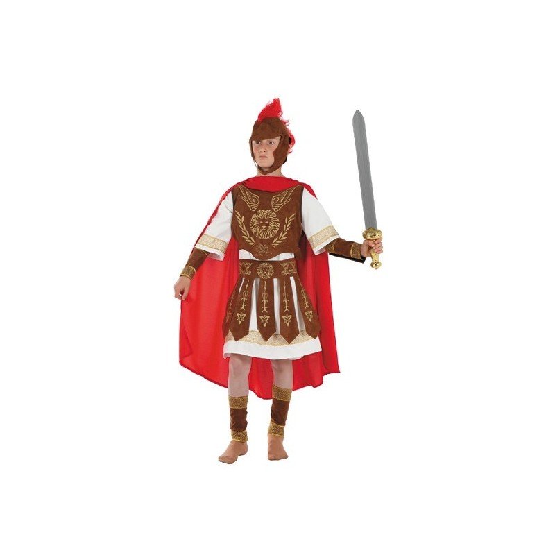 Disfraz de romano infantil con túnica dorada, capa roja y casco con penacho