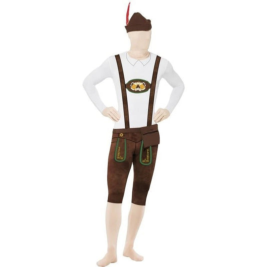 Disfraz de hombre tipo lederhosen: camisa blanca, tirantes y pantalón marrón con peto