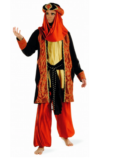 Disfraz de Tuareg con capa roja y negra, capucha y pantalón rojo