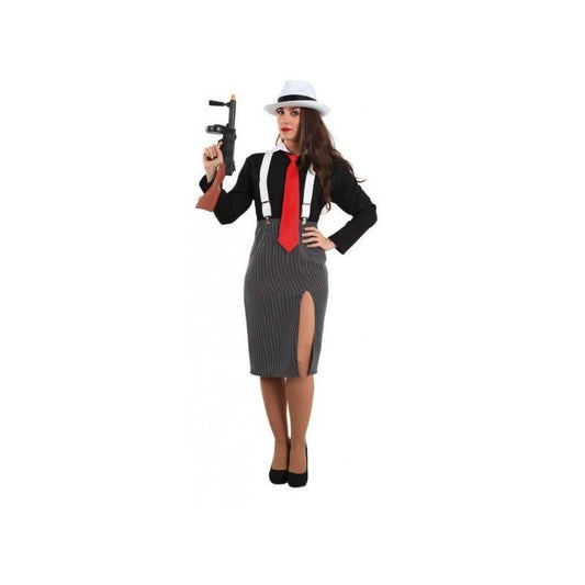 Disfraz de gangster mujer: sombrero fedora blanco, chaqueta negra y falda a rayas con abertura.