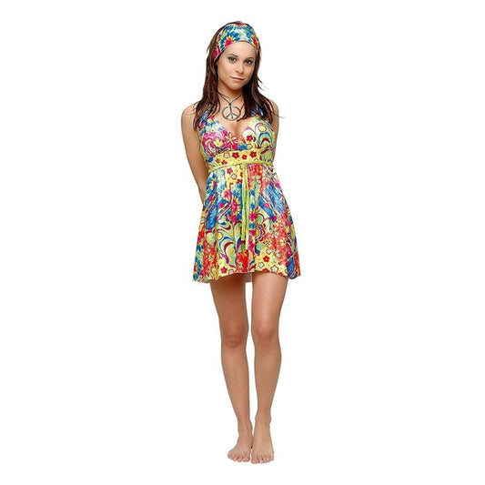 Disfraz hippie para mujer: vestido sin mangas multicolor y diadema floral.