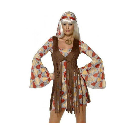 Disfraz hippie mujer: vestido corto con flecos y mangas acampanadas, gorro decorado