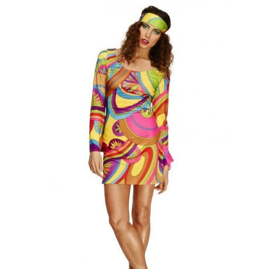 Vestido corto de disfraz hippie multicolor con mangas largas y estampado Flower Power