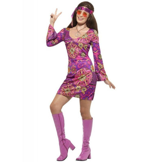 Disfraz hippie mujer con vestido corto estampado morado y fucsia, botas y tocado