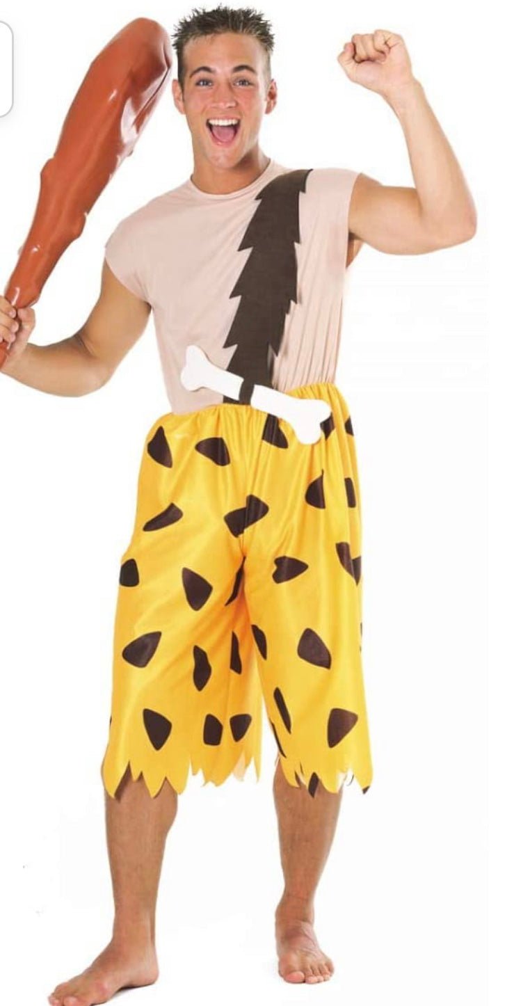 Disfraz de hombre Bamm-Bamm: camiseta blanca con rayo negro y pantalón corto amarillo con manchas