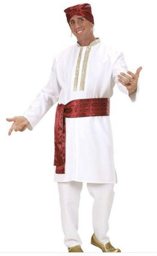 Disfraz hombre Bollywood: túnica blanca con ribete dorado, pantalón blanco y turbante rojo