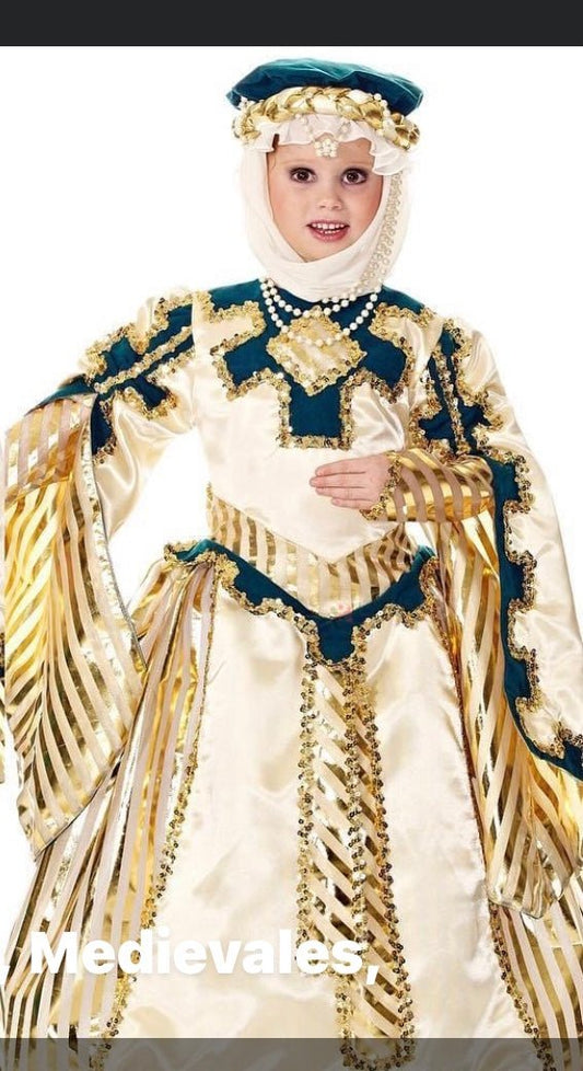 Disfraz de dama medieval para niña, vestido blanco y azul con detalles dorados y tocado