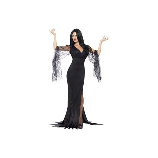 Vestido de disfraz de Morticia para mujer, negro, con encaje en mangas y abertura