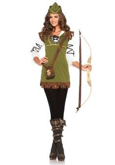 Disfraz medieval de mujer con túnica verde, sombrero y mallas marrones