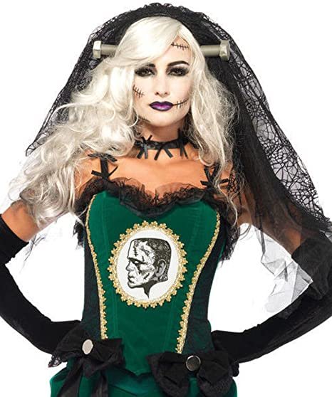 Disfraz de novia de Frankenstein con corsé verde y escudo, velo negro y guantes