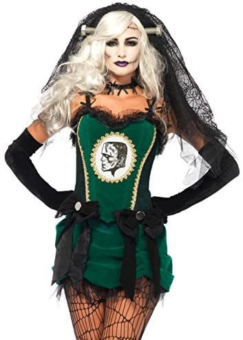 Disfraz de novia de Frankenstein para mujer: vestido verde con encaje negro y velo