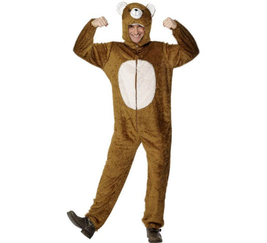 Disfraz de oso unisex marrón con capucha y barriga blanca