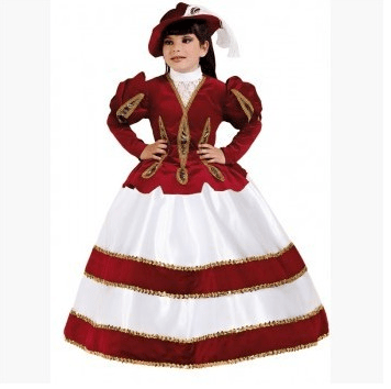 Disfraz de princesa con vestido granate y falda blanca con ribetes dorados, sombrero a juego