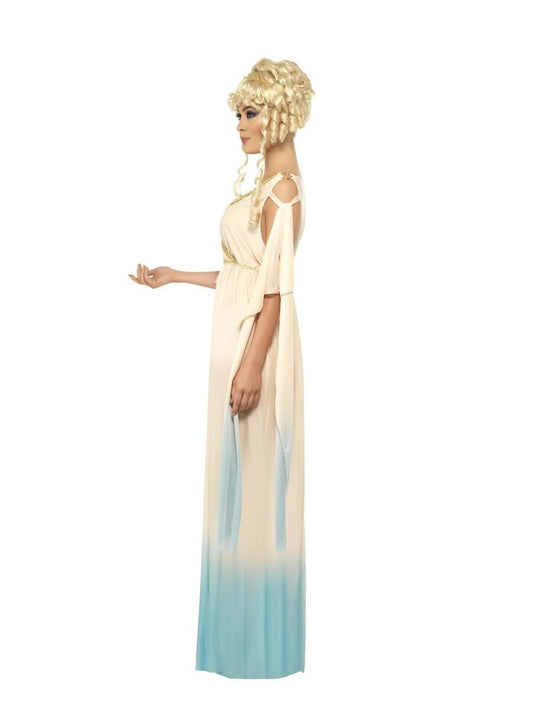 Disfraz de princesa helénica vestido largo crema con tirantes y falda azul degradada, vista lateral