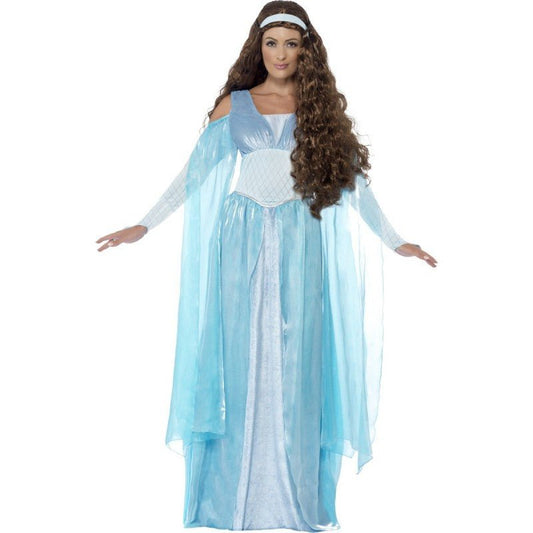 Disfraz de princesa medieval azul con vestido largo y mangas translúcidas, diadema