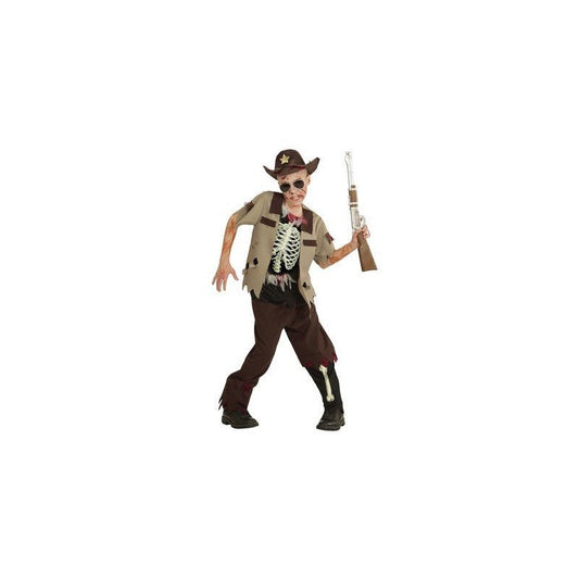 Disfraz de sheriff para niño: sombrero marrón, camisa clara y chaleco, pantalón oscuro y botas.