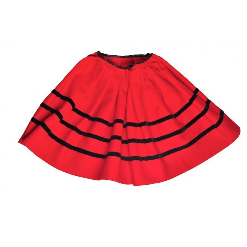 Falda de traje regional asturiana roja con bandas negras y volante