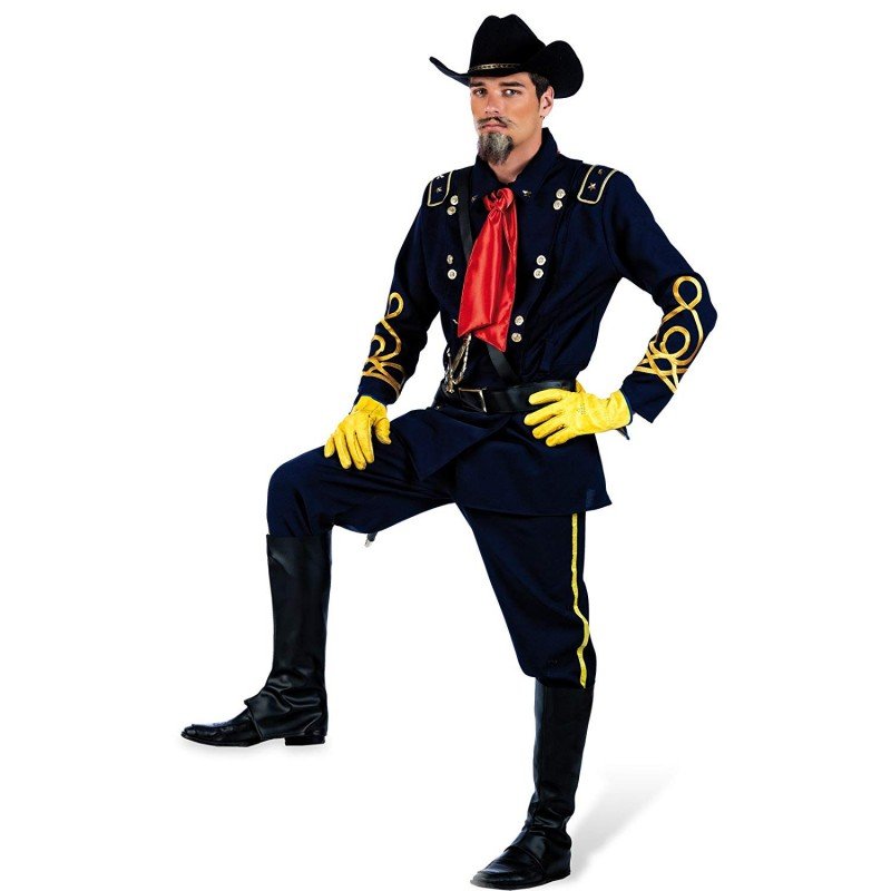 Traje de Custer para hombre: chaqueta azul bordada, camisa roja, pantalón rayado, botas negras