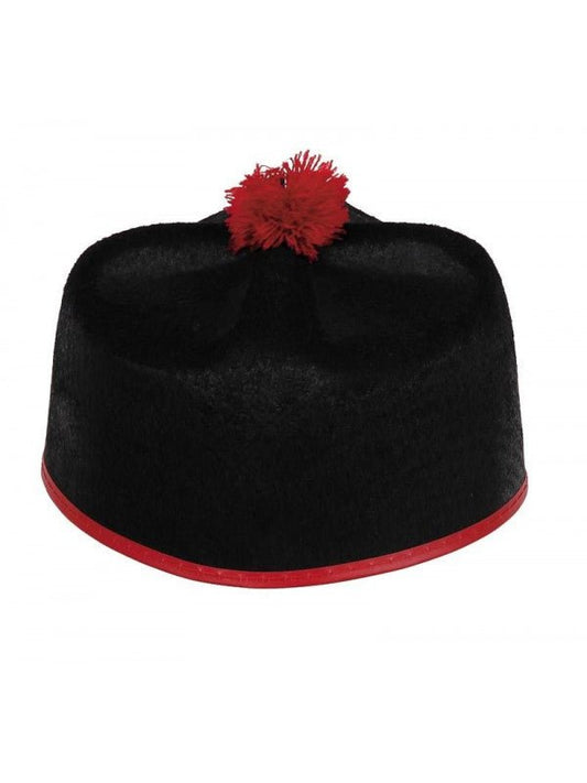 Gorro bonete negro con ribete rojo y pompón rojo