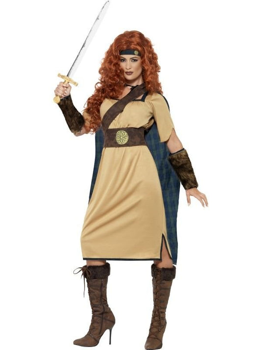 Vestido de guerrera medieval con falda beige, corpiño negro y detalles en azul oscuro