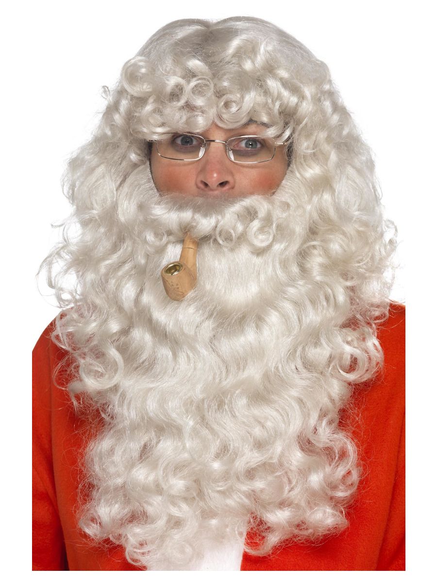 Disfraz de Papá Noel: barba y peluca blanca, traje rojo, gafas.