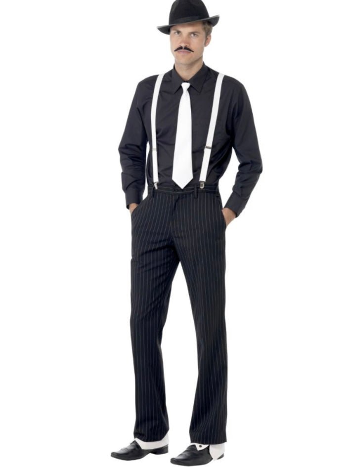 Conjunto de disfraz de gánster para hombre: camisa blanca, corbata negra y pantalón rayado