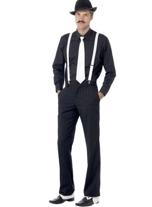 Conjunto de disfraz de gánster para hombre: camisa blanca, corbata negra y pantalón rayado