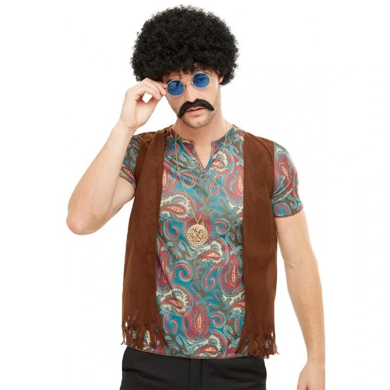 Kit de disfraces hippie: chaleco marrón, camisa estampada y gafas azules