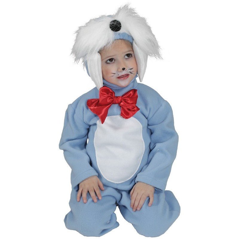 Disfraz de león marino infantil: traje azul, gorro peludo blanco y moño rojo