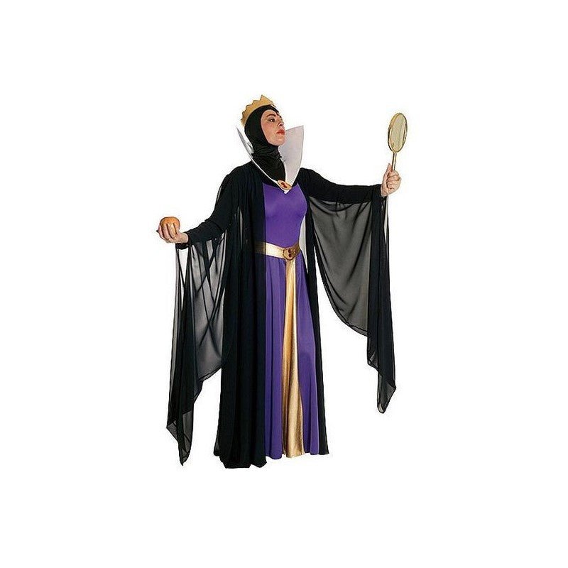 Disfraz de madrastra con vestido morado y negro, capa y tocado dorado, cuello blanco
