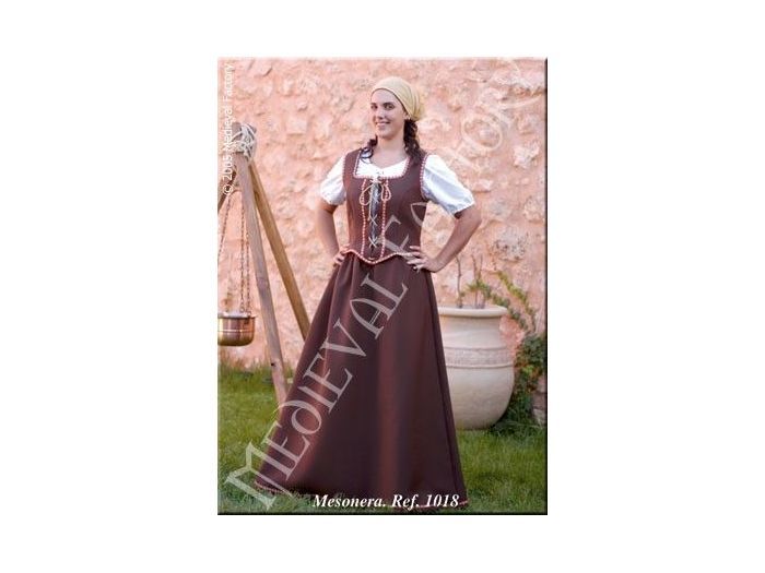 Vestido medieval oscuro con corpiño y mangas abullonadas blancas