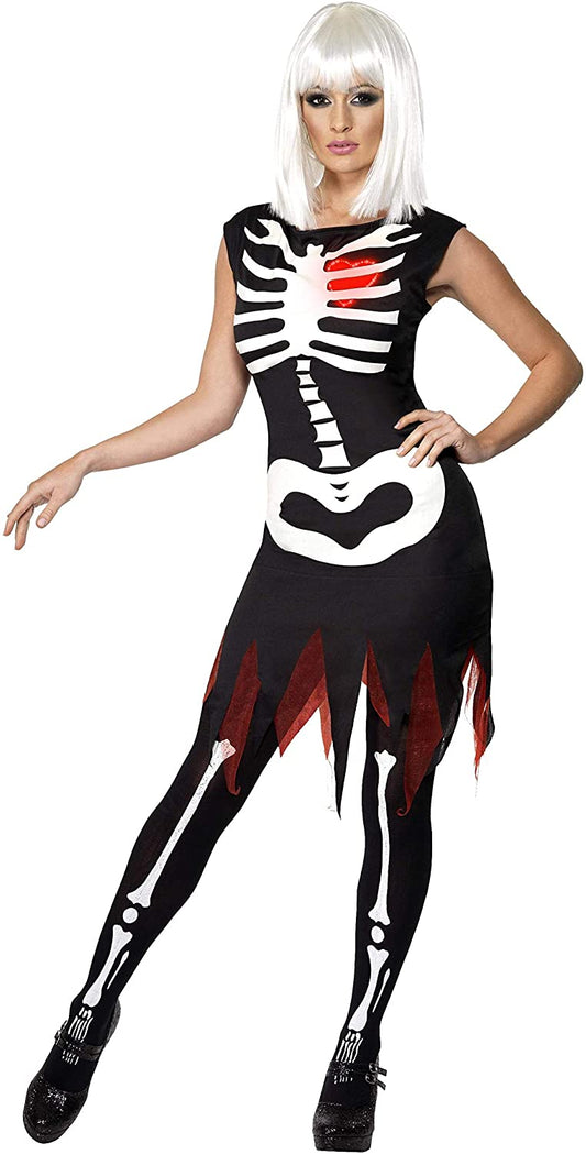 Vestido esqueleto LED negro sin mangas con estampado blanco y detalles rojos