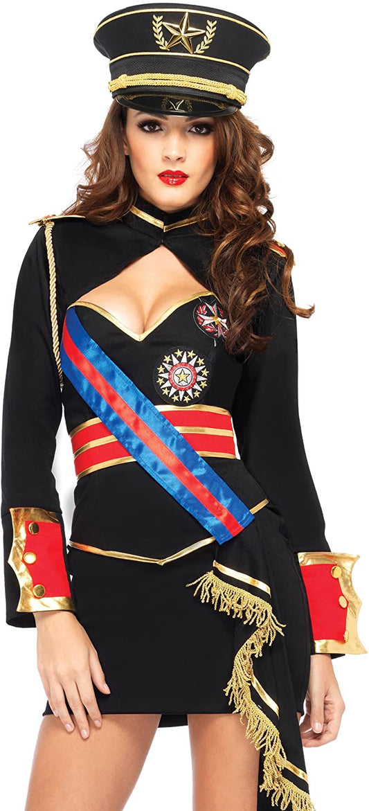 Vestido militar negro de capitana con gorra y banda tricolor azul y roja