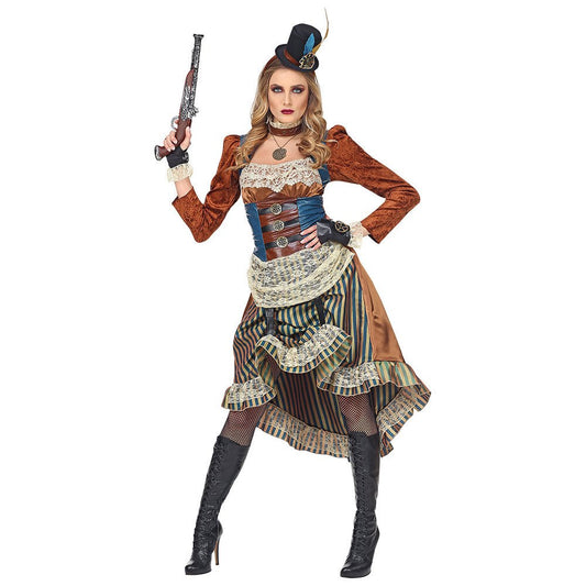 Disfraz steampunk para mujer: vestido corsé con falda de volantes, chaqueta marrón y botas negras.
