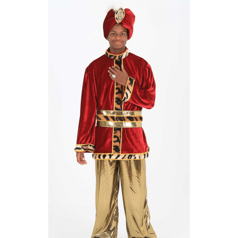 Traje de paje rojo con capa de terciopelo y galones dorados, gorro con emblema